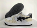 BAPE STA Low-Top Sneakers – White/Black with Cream-Gold Crackle Details
